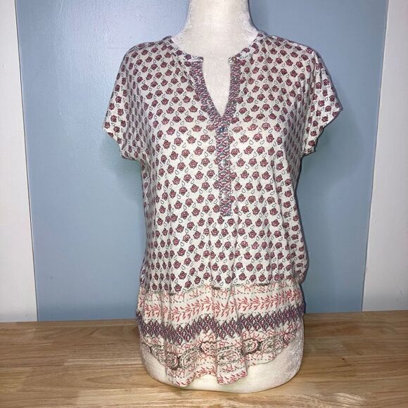 Lucky Brand, Short Sleeve 1/4 Button Down Boho Patterned Top Small Women - Picture 1 of 11